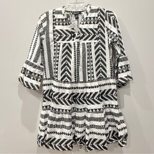 NWT Millenium White/Black Geometric Mini Dress Sz M  Ruffle Sleeve Babydoll ART